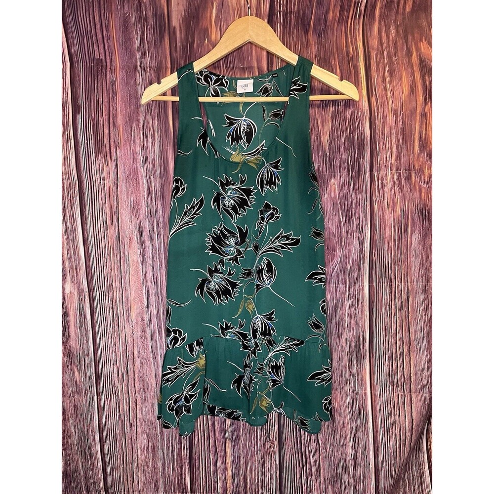 CAbi #3276 Falling Flowers Green Black Peplum Tank size M
